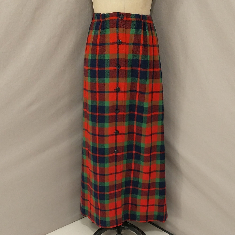 Vintage Pendleton Wool Maxi Skirt Plaid Red Navy & Green Button Front SeeMeasure